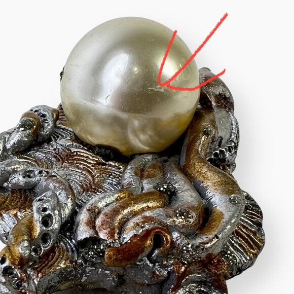 Artisan Brooch Abstract Polymer Clay Faux Pearl Silver And Gold Tone Vtg Signed - Picture 7 of 9